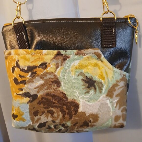 New Travel Sling Crossbody bag Brown Faux Leather Pastel floral canvas Zip Purse - Picture 10 of 12